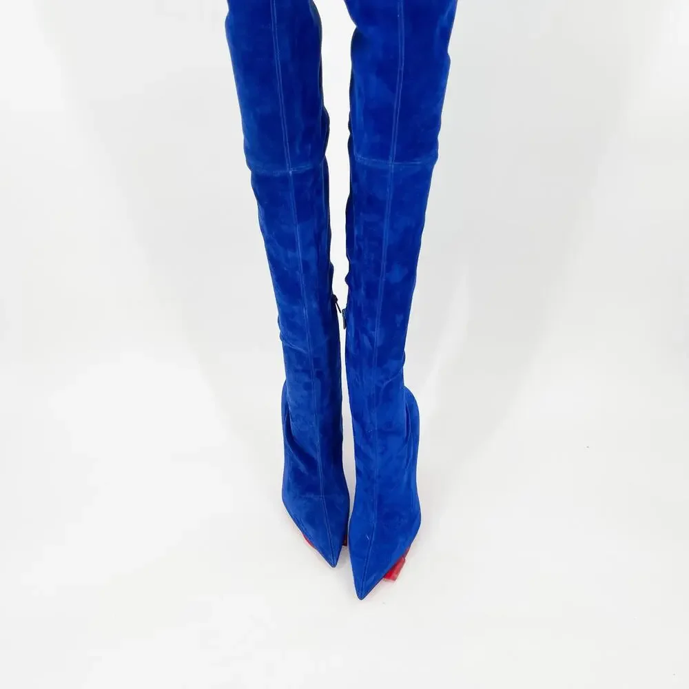 Christian Louboutin Condora Botta Alta Galactiqueen Blue Suede OTK Boots EU 37